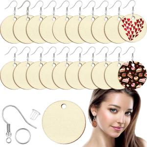 Hicarer 200 Pieces Unfinished Wooden Earrings Blank Round Wood Pendants, Include 50 Hooks and 50 Jump Rings 50 Earrings Backs for Jewelry DIY Craft for Mother's Day Beach Vacation Gift(1 Inch)