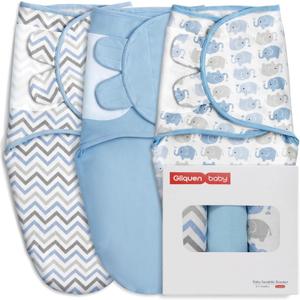 GLLQUEN BABY Swaddle Sleep Sack - 3 Pack Infant Swaddles for Newborn, Baby Swaddling Sack 0-3 Months, Ergonomic Newborn Swaddle Blanket for Baby Boy and Girl, Blue & Elephants, Small/Medium (0-3 Month)