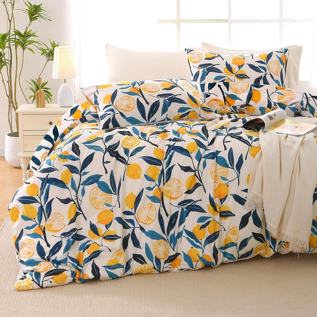 MUXHOMO Lemon Blossom Bed in a Bag Queen 7 Pieces, Queen Comforter Set Reversible Botanical Flowers Design, Ultra Soft & Breathable Bedding Sets with Comforter, Sheets, Pillowcases & Shams
