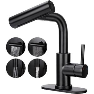 Bathroom Sink Faucet with 4 Mode Pull Down Sprayer, Matte Black Single Handle Pull Out Faucet with Pop-Up Drain, 1 or 3 Hole Laundry Bar Basin Faucet with Deck Plate