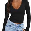 PINKMSTYLE Women Sexy V Neck Lace Long Sleeve Shirts Basic Fitted Double Lined Going Out Y2K Trendy Fall Tops Size M