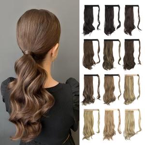 SOFEIYAN Curly Ponytail Extension 15 Inch Heat Resistant Synthetic Natural Wavy Hairpiece Wrap Around Pony Tail Hair Extensions (Medium Brown / Light Auburn Mixed)