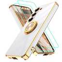 Gritup for Samsung Galaxy S23 Case: with 2Pcs Screen Protector, 360° Rotation Ring Holder Magnetic Kickstand, Plating Gold Edge Soft TPU Shockproof Protective Cover for Galaxy S23, White
