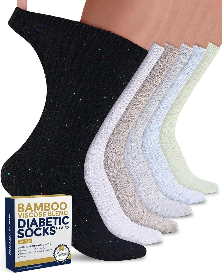 Pembrook Ribbed Knit Bamboo Viscose Diabetic Socks - 6 Pairs Crew Neuropathy Socks for Women | Diabetic Socks for Women