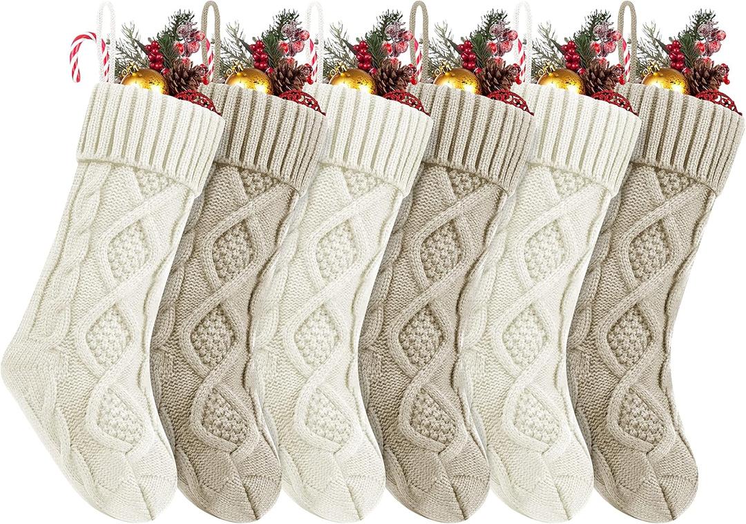 Fesciory Christmas Stockings, 6 Pack 18" Large Cable Knit Stocking & Decor for Family Holiday Xmas Party Gift, Burgundy&Khaki