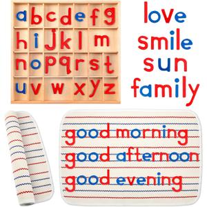 Juexica Montessori Letters Movable Wood Alphabet with Box and Large Mat Small Wooden Alphabet Letters Montessori Trays Preschool Spelling Learning Language Materials Objects, Red, Blue
