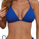 Women's Triangle Bikini Top Ribbed Push up Padded Halter String Bathing Suits Top (Large, Royal Blue)