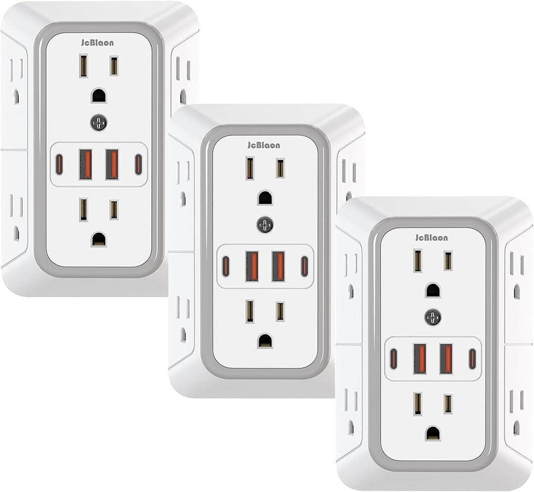 3 Pack Surge Protector Outlet Extender, 6 Outlet Splitter with 4 USB Ports (2 USB C), Multi Plug Wall Outlet 1050J Power Strip, USB Wall Charger for Home Office Kitchen Travel