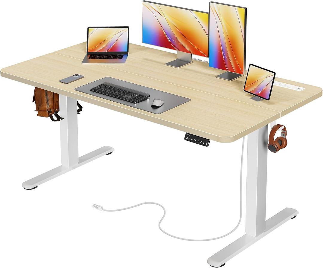 Huuger Electric Standing Desk with Power Outlets and USB-C Port, 55 X 24 Inch Height Adjustable Desk, Sit Stand Desk for Home Office, Computer & Gaming Desk with 4 Presets, Stable Steel Frame, Marple, 55.1 x 23.6 inch