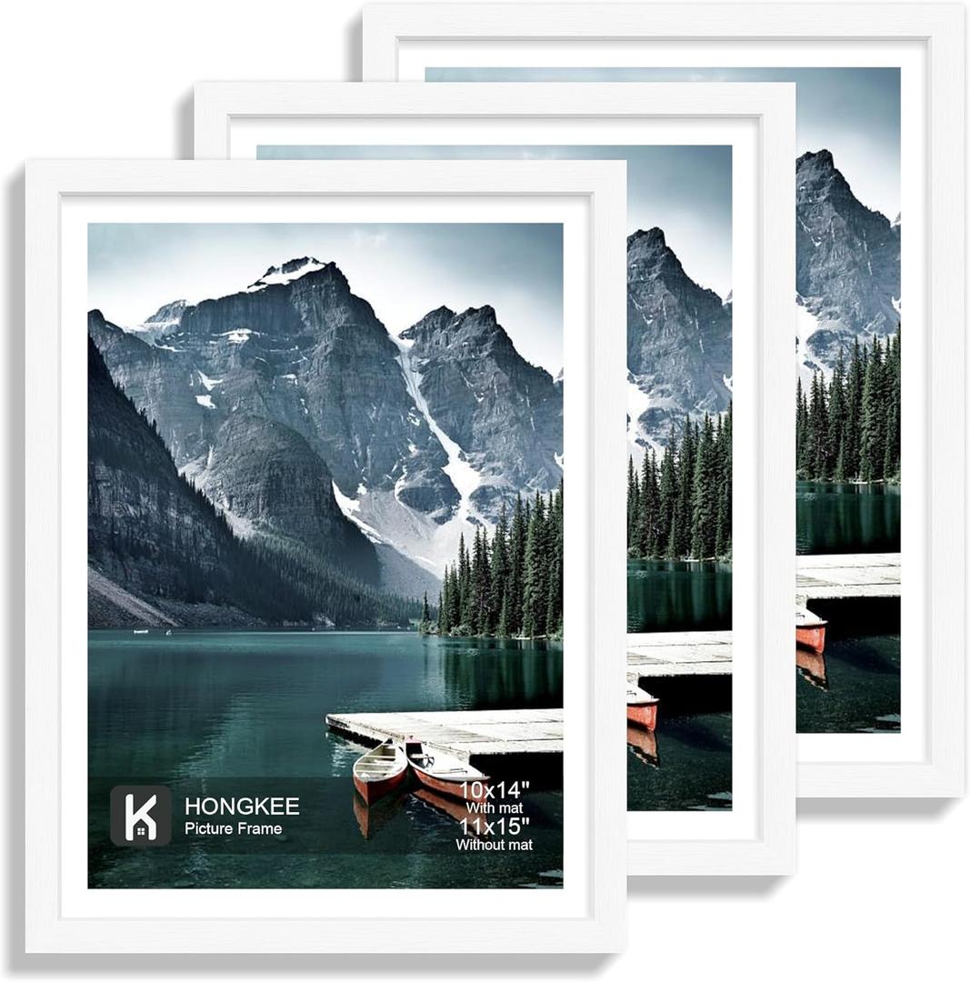 11x15 Picture Frame with Real Glass - Display Pictures 10x14 with Mat or 11 x 15 without Mat, Wall Collage Photo Frame set(White, 3 Pack)