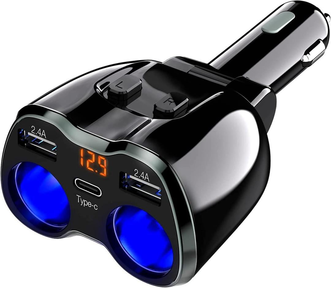 Otium USB C Car Charger, 2 Sockets Cigarette Lighter Splitter 12/24V 80W Dual USB Type-C Ports Separate Switch LED Voltage Display Built-in Replaceable 10A Fuse Compatible Mobile Phone GPS Dash Cam (Black)