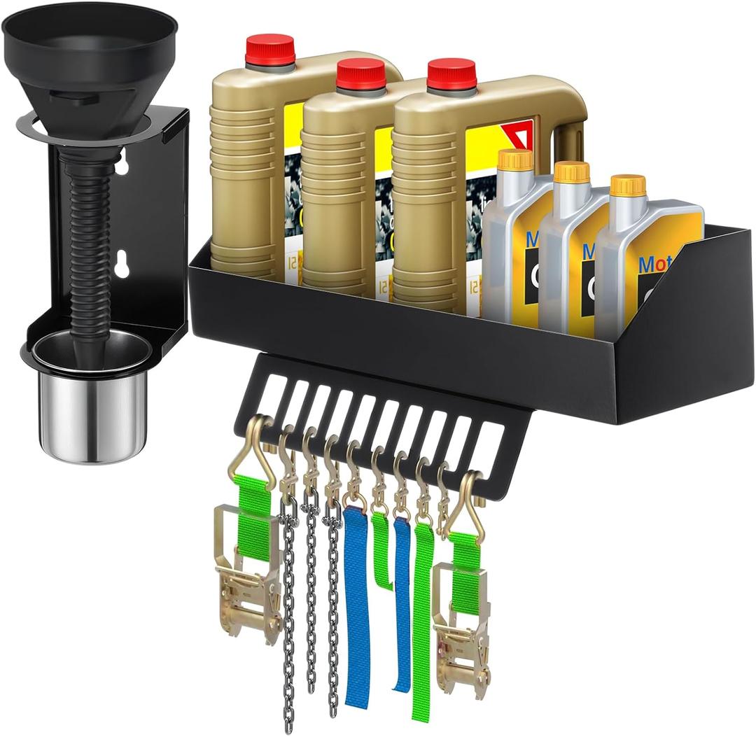 Zonon 6 Quart Motor Oil Bottle Holder Oil Bottle Storage Rack with Funnel Holder Organizer Wall Mount for Shed Garage, Pegboard, Workshop, Home, Enclosed Race Trailer Shop, Fit Most of Storage Tool