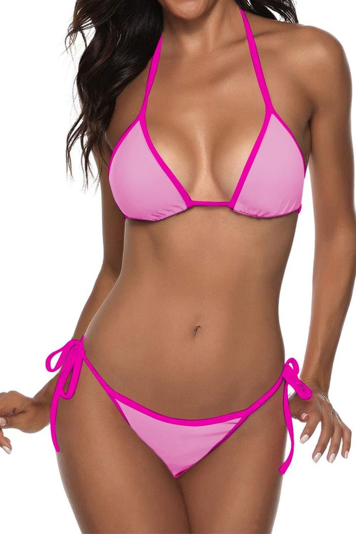 Suvimuga Women Two Piece Swimsuit Color Block Swimwear Halter String Triangle Bikini Sets (Small, Pink)