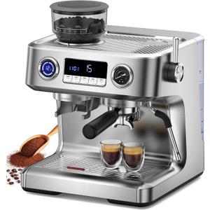 Barista Espresso Machine with Grinder & Milk Steam Frother, Commercial Espresso Maker for Cappuccino and Latte, Brushed