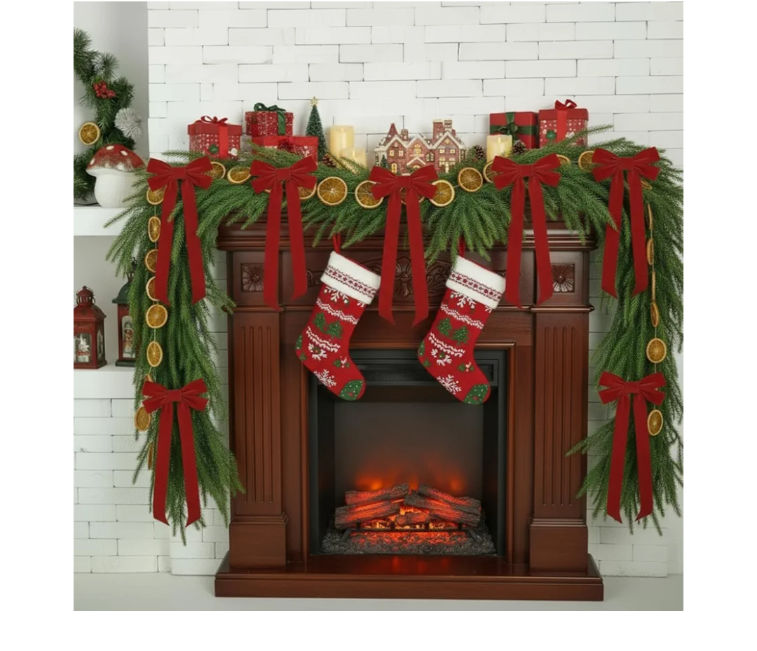 Suncalla 9 Ft Christmas Garland Artificial Norfolk Pine Garland with Velvet Bow Realistic Christmas Greenery Decoration for Mantle Staircase Banister Fireplace Wall Door Table