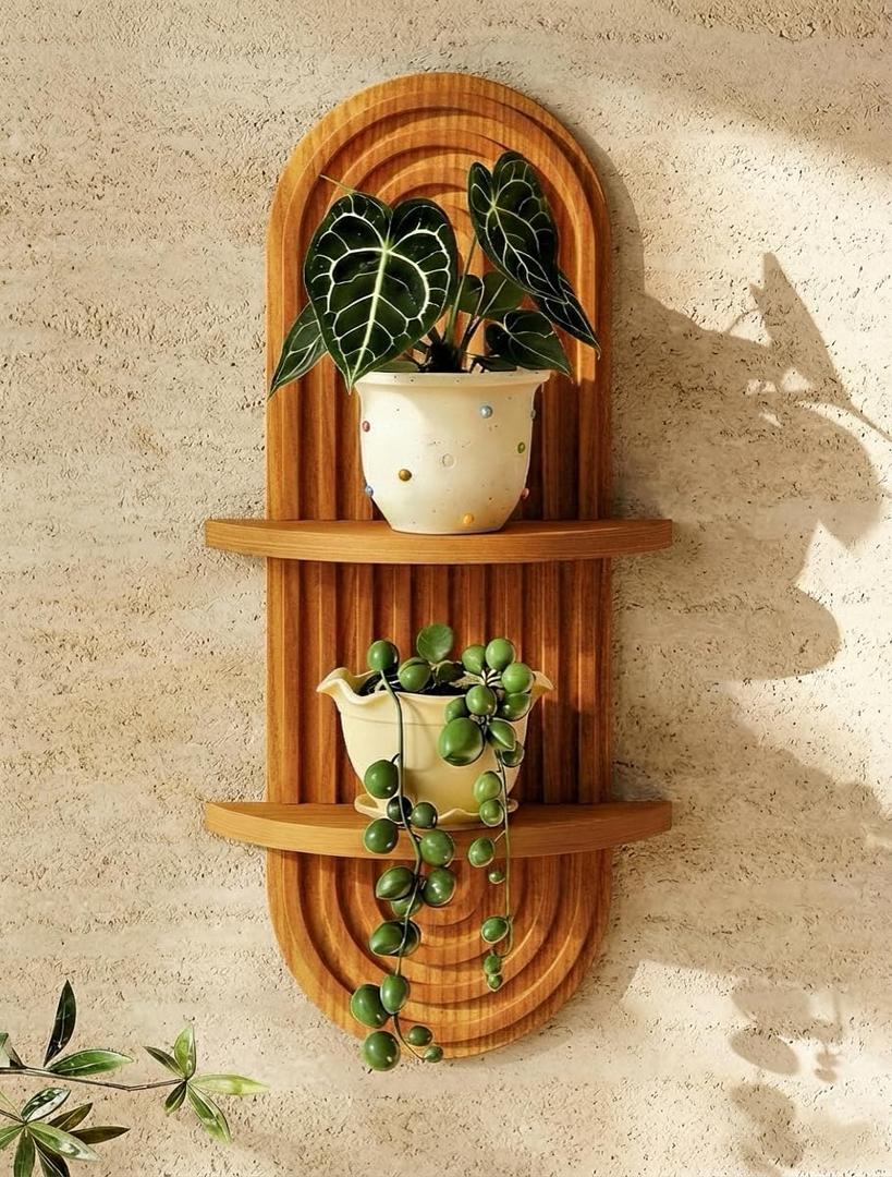 Bamworld Boho Wall Decor Brown Plant Wall Shelf Mid Century Modern Decor Hanging Plant Shelf 16.7in 2 Tier Wooden Floating Shelves for Home Bathroom Bedroom Living Room Office Holding Planter