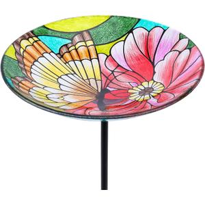 MUMTOP Glass Bird Baths for Outdoors-Outdoor Bird Bath Bowl - Butterfly and Flower Birdbaths Yard Stake, Bird Feeders for Outside, Garden, Patio, Lawn Decor
