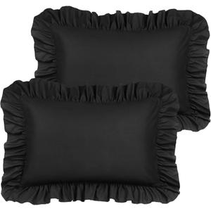 PiccoCasa Ruffled Pillow Shams Set of 2, Soft Breathable Pillow Covers with Envelope Closure, 100% Brushed Microfiber Pillow Case Queen Black