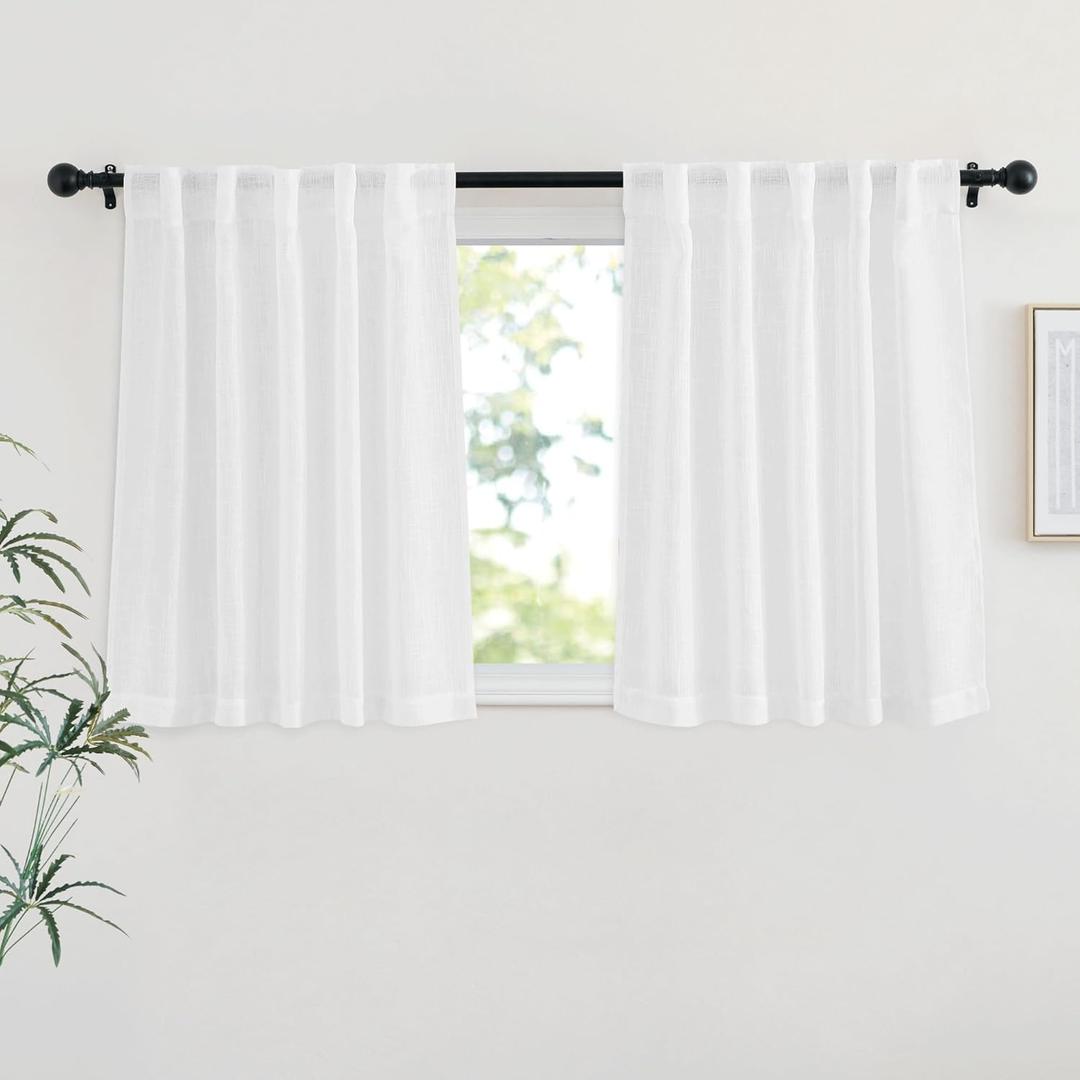 NICETOWN White Faux Linen Kitchen Curtains 36 inches Long, Rod Pockets & Back Tab Semi Sheer Privacy with Light Filtering Short Window Drapes for Cafe/Kids Room, W42 x L36, 2 Panels