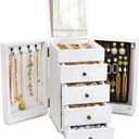 Meangood Jewelry Box Wood for Wowen, 5-Layer Large Organizer Box with Mirror & 4 Drawers for Rings, Earrings, Necklaces, White