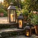 TRIROCKS Set of 3 Decorative Hanging Lantern 19'' High Vintage Metal Candle Holder with Tempered Glass Perfect for Living Room Garden Yard Patio Parties Events Indoors Outdoors (Black)