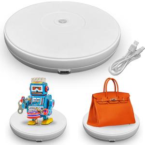 fotoconic White Electric Motorized Rotating Turntable Display Stand with LED, Type-C Cable, 10 Inch / 25cm Diameter, 20 Lbs Centric Loading for Shop Display