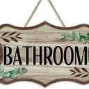 Bathroom Farmhouse Front Door Sign, Rustic Wood Hanger Toilet Restroom Washroom Home Decor, Eucalyptus Leaves Wooden Wreath Indoor Wall Hanging Decoration