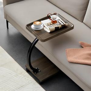 C Table End Table,360Swivel TV Tray Table for Small Spaces, Couch Tables That Slide Under, C Shaped Side Tables with Wheels for Living Room and Bedroom, Bed,Chair, Snack Table (L15.7*W11.8, Walnut-c Shapedunadjustable)