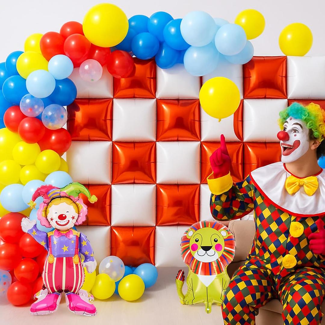 141 Pcs Halloween Circus Red and White Square Foil Balloon Wall Backdrop Carnival Balloon Garland Arch Kit Clown and Lion Double Sided Balloons Tunnel for Halloween Birthday Party Decorations