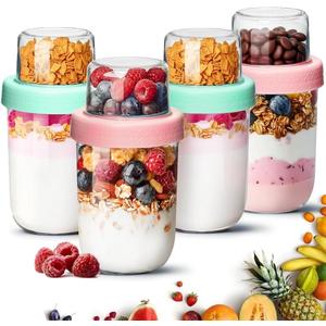 ComSaf Overnight Oats Containers with Lids (16oz+4oz, 4Pcs), Dual-Laryer Chia Pudding Jars with Dry and Wet Separation, Yogurt Parfait Cups for Oatmeal Cereal Nut Fruit, Meal Prep Glass Jars for Salad