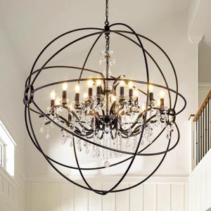 Wellmet Black Farmhouse Chandelier Light42'' Large Sphere Orb Chandeliers with Crystal for Foyer, Round Hanging Ceiling Lighting Fixture for Dining Room, Living Room Bedroom