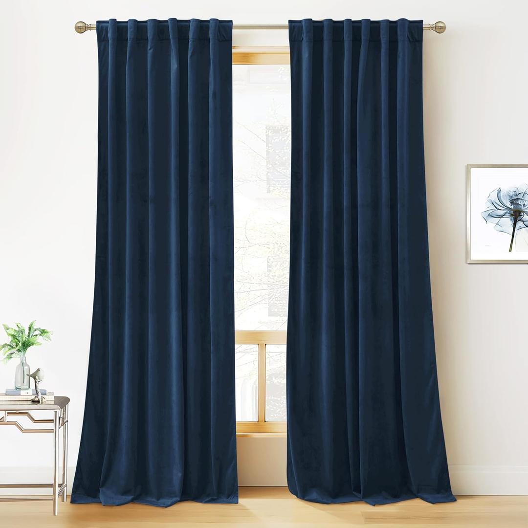 RYB Home Blue Velvet Curtains 90 inches - Blackout Curtains for Living Room, Thermal Insulated Noise Reducing Panels Soft Luxury Window Decor for Kids Bedroom, Navy Blue, W52 x L90 inches, 2 Panels