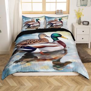 Erosebridal Mallard Duck Bedding Twin Size Duck Hunting Comforter Cover, Wild Animal Bed Set Rustic Farmhouse Lodge Cabin Duvet Cover, Watercolor Oil Painting Art Quilt Cover 2-Piece (Zipper Closure)