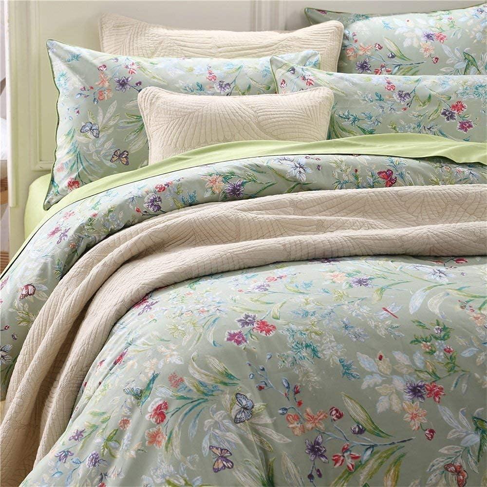 Duvet Cover Set Queen Size Wildflower Butterfly Bedding Super Soft 100% Egyptian Cotton 4 Pieces Modern Botanical Tree Branches Ornamental Drawing Green Blossom Garden 4Pcs Summer Bedding, 2 Pillowcase, 1 Fitted Sheet, 1 Flat Sheet 