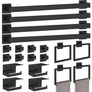 STWWO 20-Pieces Matte Black Bathroom Hardware Set, 24 Inch Bath Towel Bar Set, Stainless Steel Towel Racks for Bathroom Wall Mounted