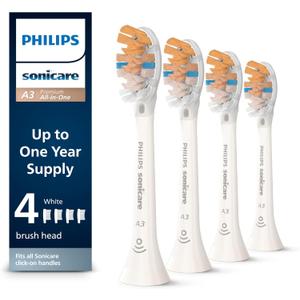 Philips Sonicare A3 All-in-One - Genuine Replacement Electric Toothbrush Heads, White, 4 Pack One Year Supply, HX9094/65