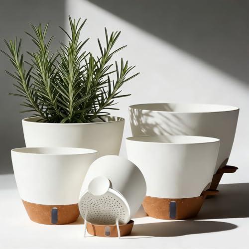 Tinecio 7/6.5/6/5.5/5 Inch Self Watering Pots, Plastic Flower Pots with Multi Mesh Drainage Holes and Deep Reservoir for Indoor Outdoor Garden Plants and Flowers (White, 5/5.5/6/6.5/7)