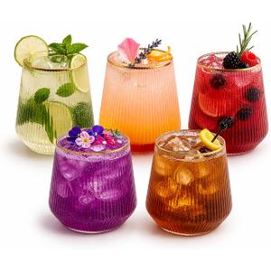 Oojami 40 Pack 14 oz Origami Ripple Stemless Ribbed Plastic Wine Glasses, Disposable Unbreakable BPA-Free Cocktail Cups for Fancy Parties, Weddings, Indoor Outdoor Champagne, Whiskey, Mimosa, Gold Rim