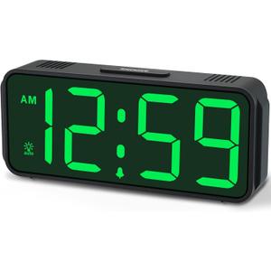 Peakeep Small Battery Powered Digital Alarm Clocks for Bedrooms Bedside, Cordless Tiny Travel Portable Desk Clock, Large Numbers Auto Dimmable, LED Display 4 Dimmers, 5 Alarm Volumes (Green Digits)