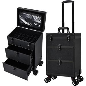 Professional 3 in 1 Rolling Makeup Case Cosmetology Case on Wheels 2 Large Drawer Nail Case Trolley Traveling Cosmetic Train Case with Makeup Pouch for Artists Nail Technician Salon Cart Trunk Black 