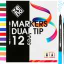 ZENO 12 Dual Tip Markers Set  No-Bleed Coloring Markers for Adults  Fine & Brush Tip, Watercolor Pens for Coloring Books, Journaling, and Artists