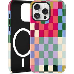 Jusy Compatible with MagSafe Checkerboard Phone Case for iPhone 15, Cute Aesthetic Checkered Magnetic Soft TPU and Hard PC Protective Phone Cover for Women Girls（Shiny） - Colorful
