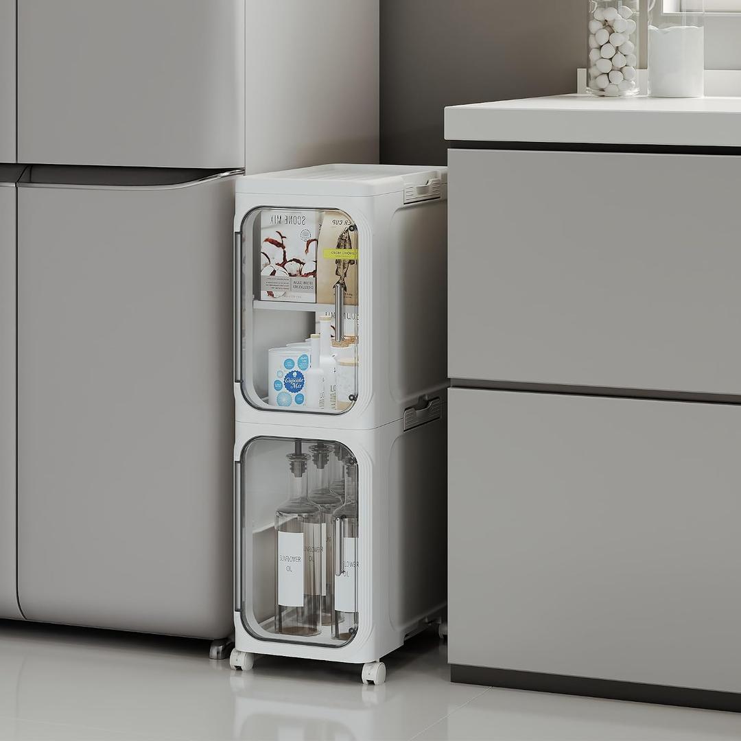 2-Tier Tall Narrow Storage Cabinet, Slim Bathroom Storage Cabinet with Adjustable Shelves and Wheels, Narrow Organizer for Small Space, Bathroom, Kitchen, Laundry, White