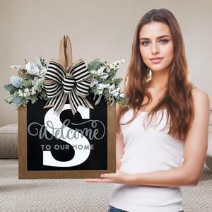 Ultra Large 14'' Last Name All Year Round Front Door Wreath with 26 Initial Letter Welcome Sign All Seasons Eucalyptus Garland and Bow Wreaths for Front Door Porch Farmhouse Decoration (S)