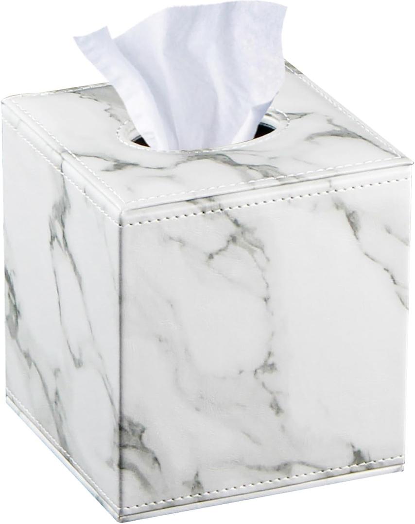 Tissue Box Cover Square,Decorative Leather Cube Tissue Box Holder with Magnetic Bottom,Facial Paper Organizer Table Napkin Case Dispenser for Bathroom,NightStand,Coffee Car,Home,Office (Large, White Marb)