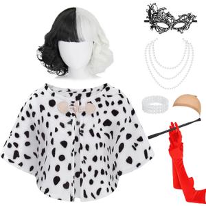 8pcs Halloween Costumes Women for Cruella Deville Costume Cosplay - Black and White Wig Dalmation Shawl 1920s Holder Red Gloves Necklace Bracelet Eye Mask Wig Cap CA038