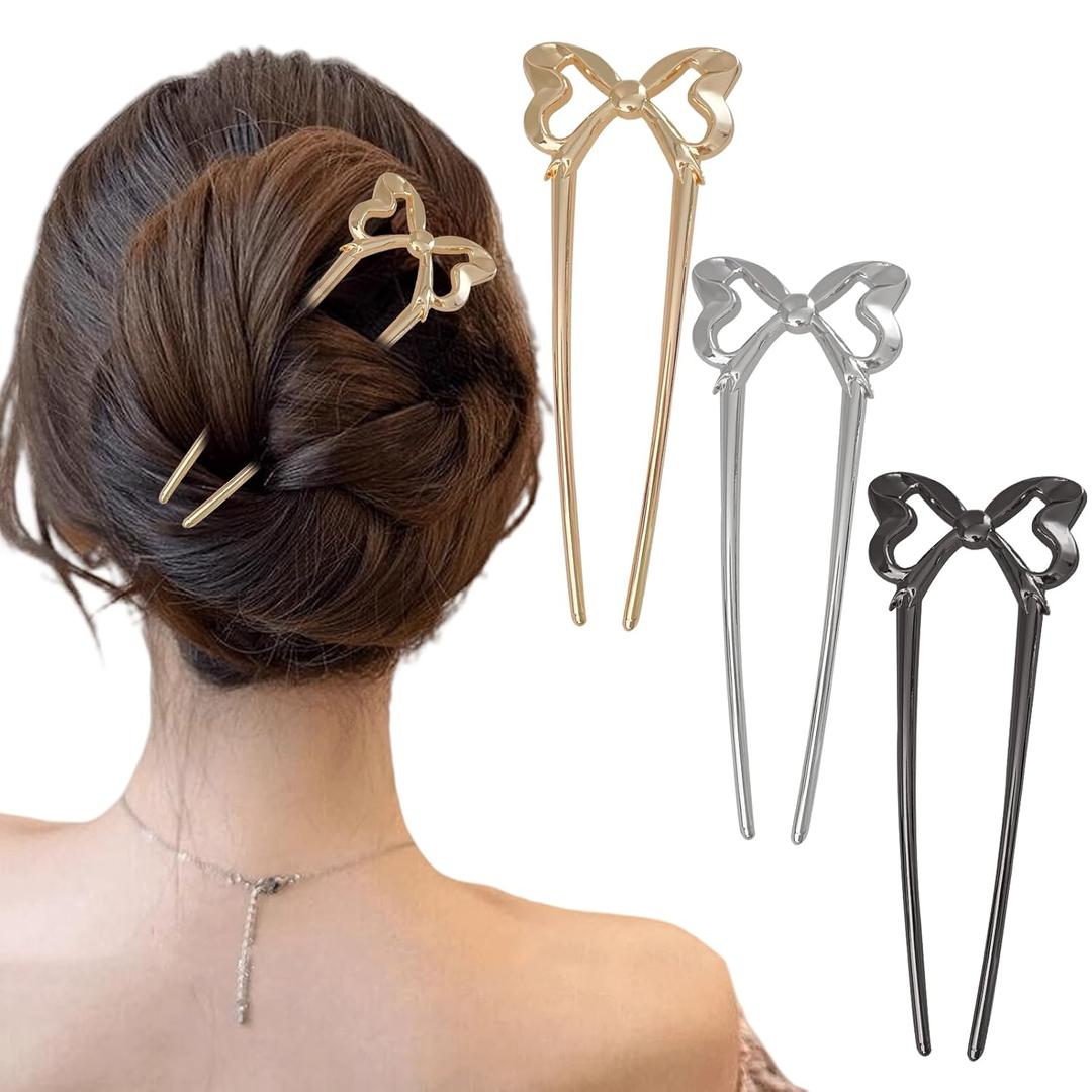 2 x 3PCS French Bow Twist Hair Pins for Women,Vintage U Shaped Black Silver Gold Metal Hair Forks for Long Thick Hair,2 Long Prong Chignon Hair Sticks for Bun,Large Cute Long Hairpins for Updos