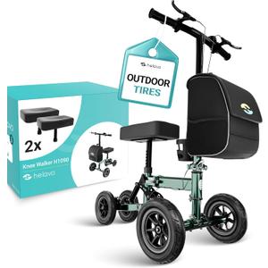 Helavo Adjustable Knee Scooter for Adults with Suspension, All-Terrain 10" Rubber Front Wheels, Scooter for Broken Foot - 350 lbs Capacity, Compact Crutches Alternative with 2 Knee Pads Included (Green)