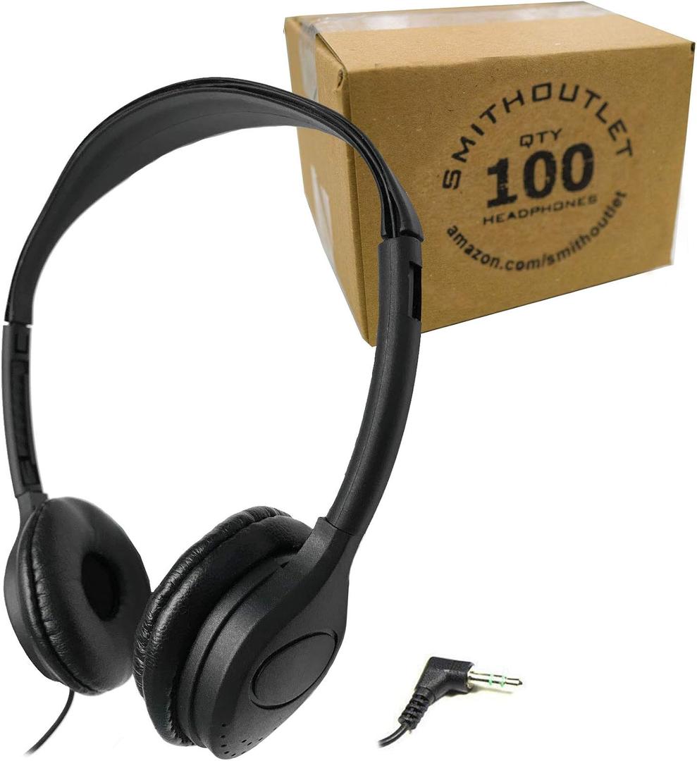 SmithOutlet Headphones Bulk 100-Pack | for Classroom School Students K-12 | On-Ear Wired | Compatible with Chromebook, Computer, Laptop | Black Color Part SG-313-100