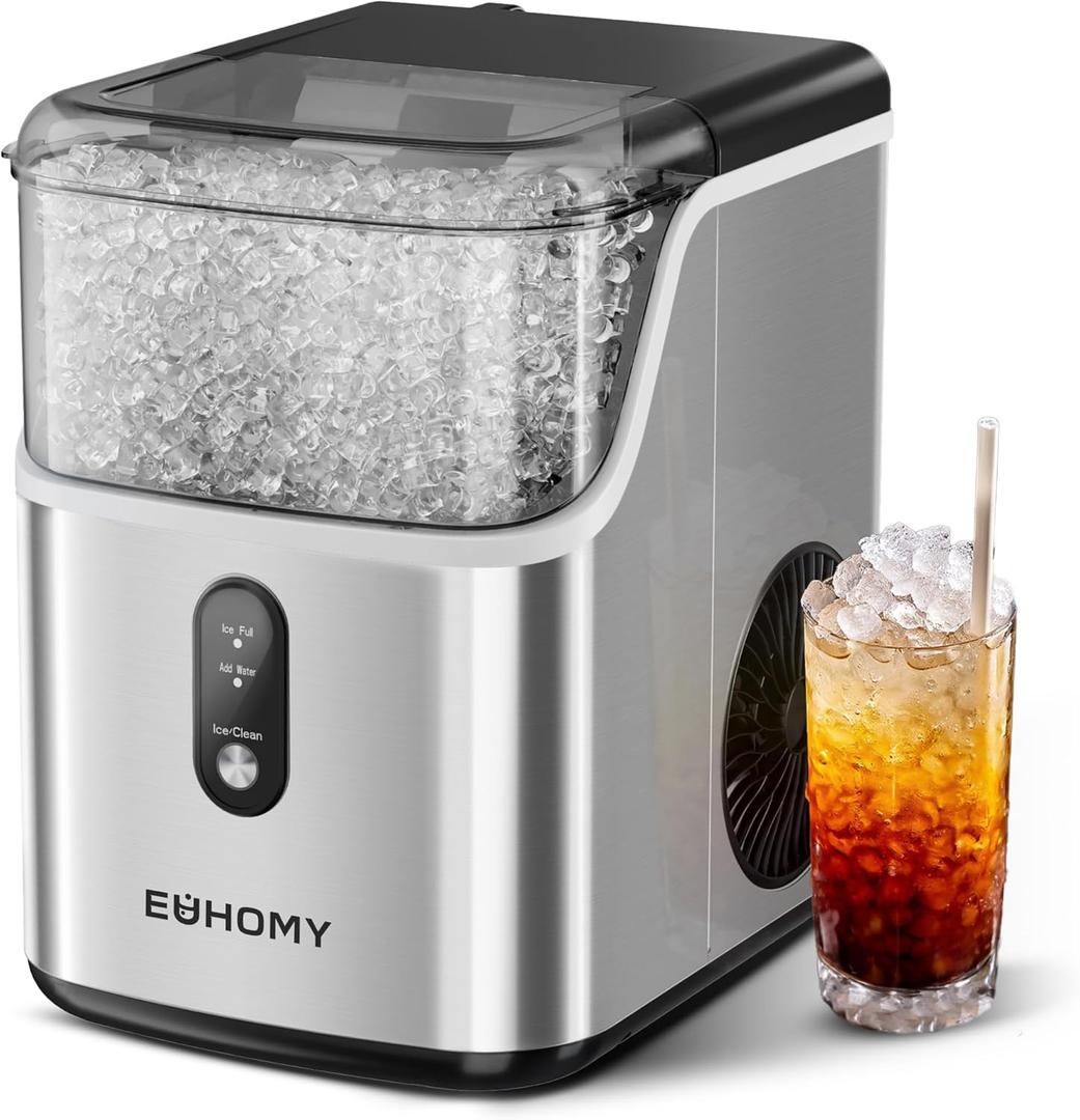 EUHOMY Nugget Ice Makers Countertop, Pebble Ice Maker Machine with 34lbs/24H Soft Ice, Self-Cleaning Sonic Ice Maker with Ice Scoop&Basket, Pellet Ice Maker for Home/Kitchen/Office(Stainless Steels) (Silver)
